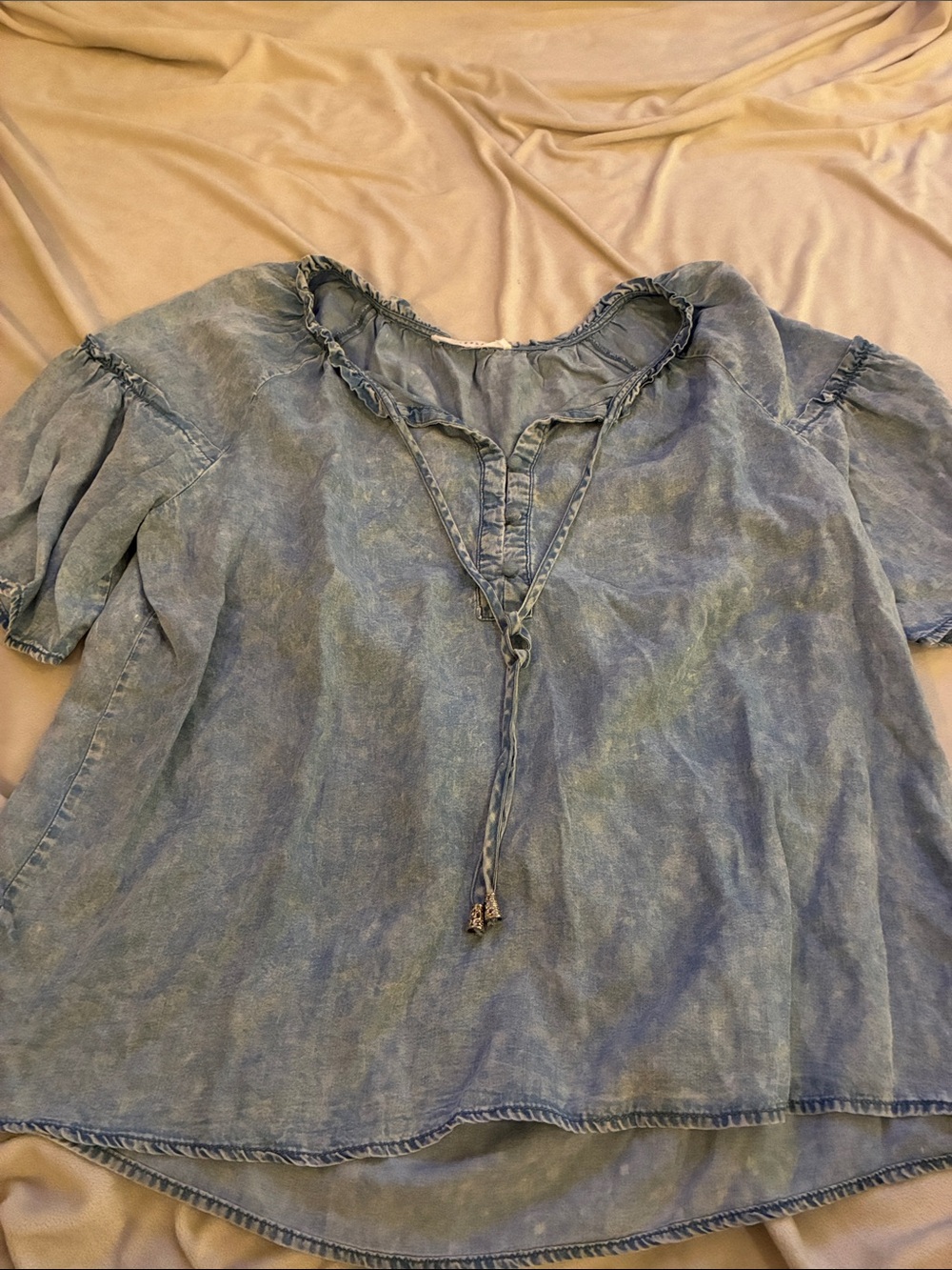 Jane and Delancey Washed Blue Tie-Neck Peasant Blouse